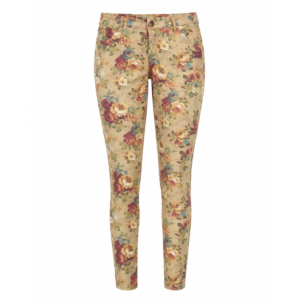Boom Boom Jeans Floral Tapestry Skinny Jeans Womens 15 Tan Multicolor Boho Indie